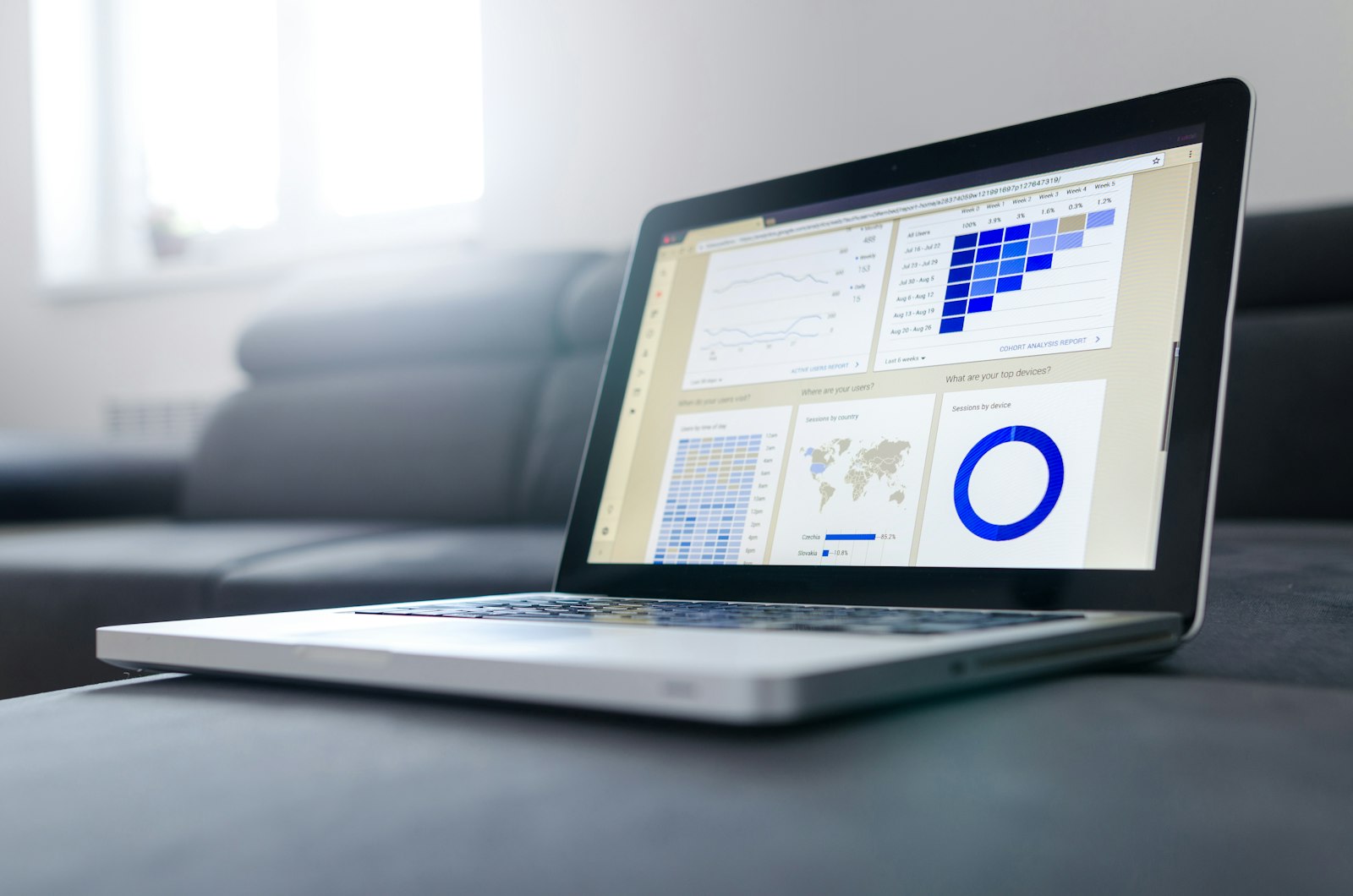 Laptop displaying business analytics charts on a desk